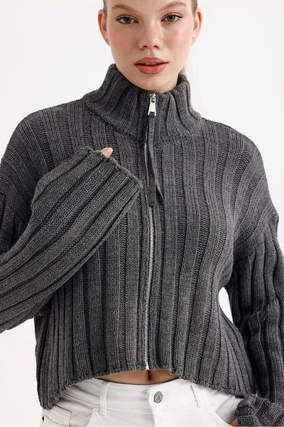fujya Women's Stand Collar Zippered Anthracite Knitwear Crop Cardigan