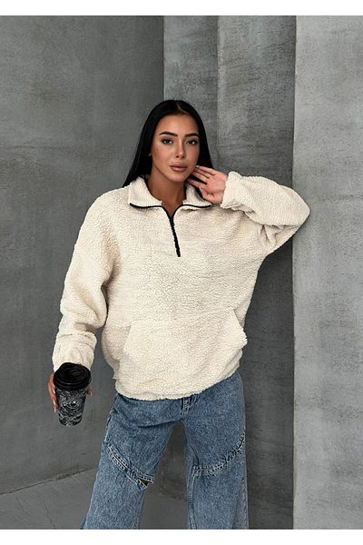 Know Dámská 3-vláknová béžová obyčejná oversize mikina s polovičním zipem s měkkou texturou