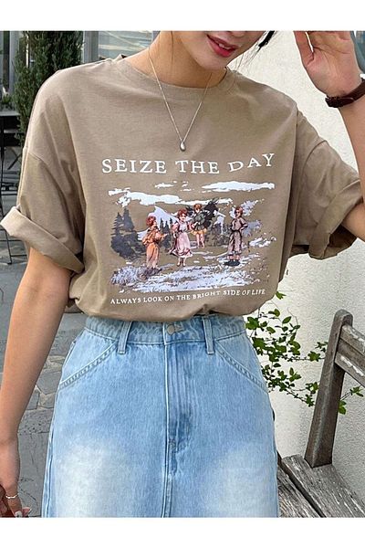 Know Γυναικείο μπλουζάκι σε καφέ χρώμα Seize The Day με στάμπα Oversize