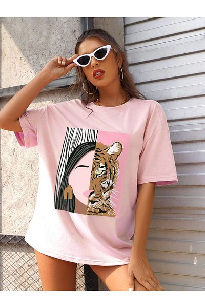 Know Női púderrózsaszín leopárdmintás oversize póló