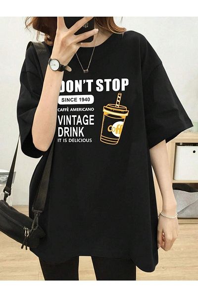Know Schwarzes Oversize-T-Shirt mit Vintage-Drink-Print für Damen