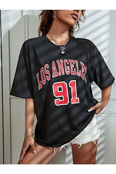 Know Γυναικείο μαύρο μπλουζάκι Los Angeles 91 με στάμπα oversize
