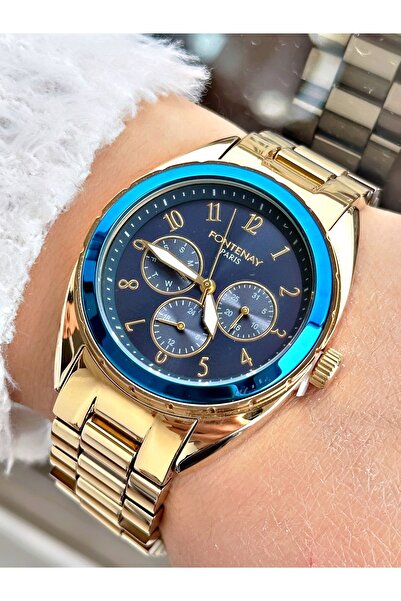 Fontenay Gold and Navy Blue Color Functions Active Women's Wristwatch Fn-7001...