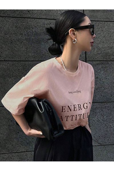 Know Γυναικείο μπλουζάκι σε σκόνη Pink Energy Attitude Printed Oversize