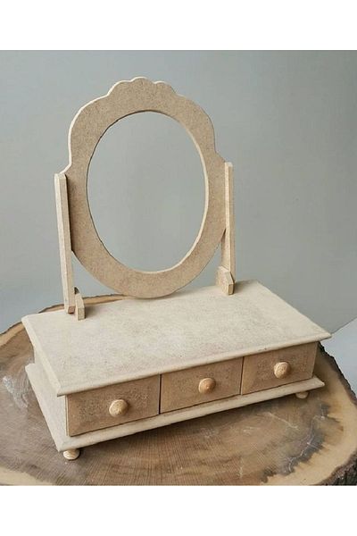 Altınyapı Hobi Market Raw Mdf Makeup Box - with Three Drawers and Mirror
