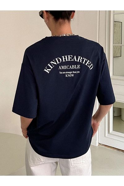 Know Women's Navy Blue Kind Hearted Printed Oversize T-shirt