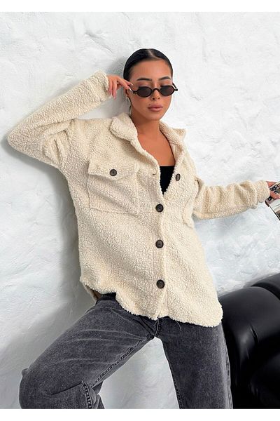 Know Beigefarbene Tedy-Plüschjacke mit Knöpfen für Damen