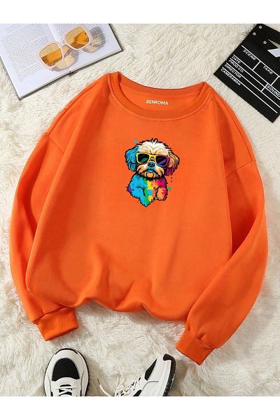 BENROMA Hanorac unisex pentru copii cu imprimeu câine colorat - decolteu
