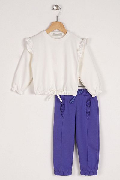 zepkids Ecru Purple Girl's Tracksuit Set - Crew Neck, Long Sleeve, Long Sleeve Trousers, Stitched Detail