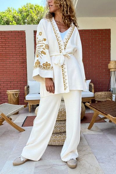 Güneşkızı Beige Embroidered Women's Kimono and Pants Set - Cp-M7057