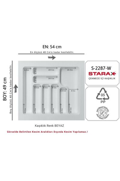 STARAX S-2287-w أدوات مائدة بلاستيكية داخل الدرج، أبيض، العرض: 54-48، العمق: 49-40 سم، 8 أقسام