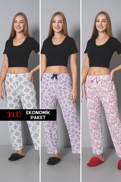 DONEX Pantaloni de pijama pentru femei, 3 bucăți, din bumbac, subțiri, respirabili, cu panglică în talie