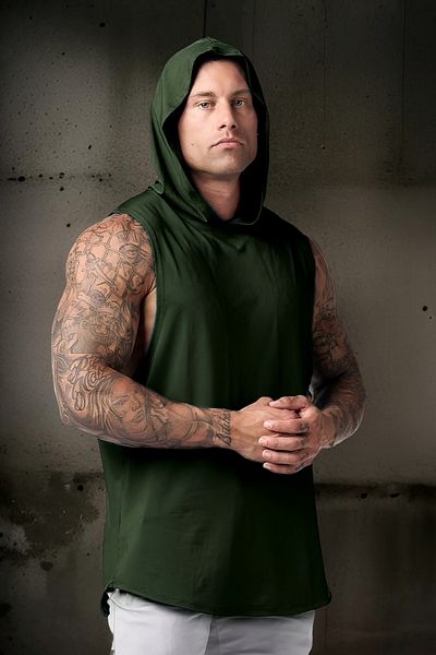BESSA Khaki Men's Sports Tank and Hooded Cotton T-Shirt