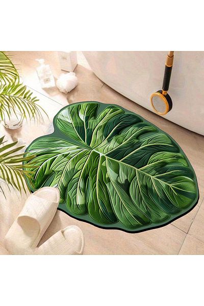 Else Dekor Green Leaf Water Absorbent Bathroom Mat - Μονοκόμματο χαλί τουαλέτας
