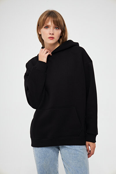 YÜKSEL IŞIK Women's Hooded Sweatshirt Plain Black Color Hoodie 100% Cotton