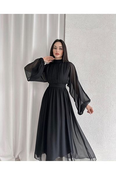 Afiş Butik Černé šaty s dlouhým rukávem v pase