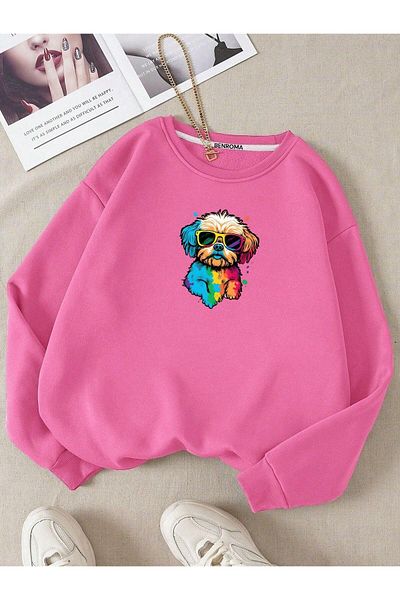 BENROMA Hanorac unisex pentru copii cu imprimeu câine colorat - decolteu