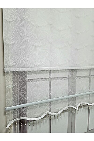 BBB Desenli Boncuklu Çift Mekanizmalı Tül Stor Perde Beyaz TS1095B