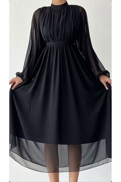 Afiş Butik Černé šaty s dlouhým rukávem v pase