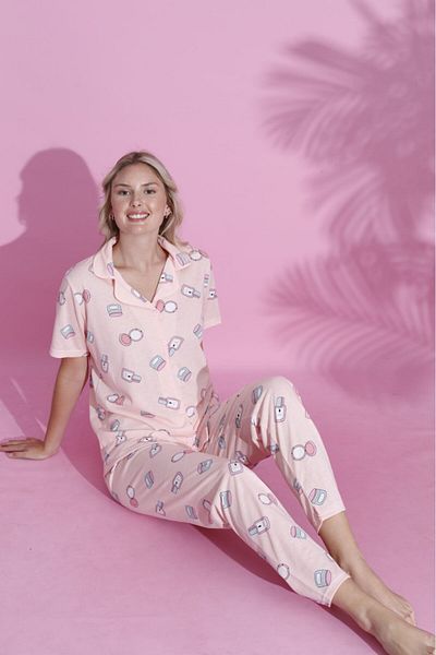 PİJAMOOD Women's Short Sleeve Cotton Front Buttoned Pajamas Set