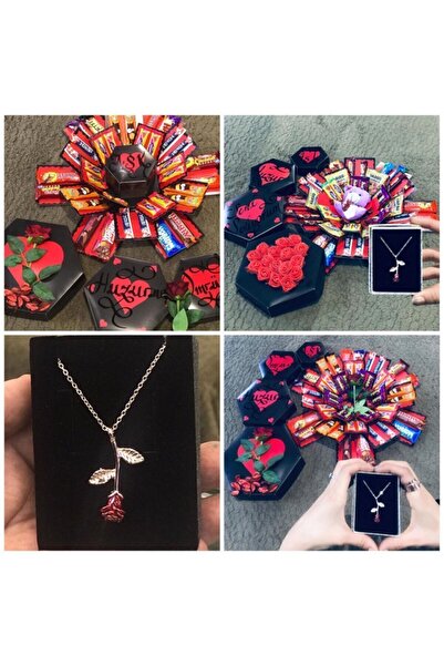 1H2M Hediyelik Çikolatalı Kutu Güllü Kolye ve Güller Hediyeli 1h2m Hediyelik