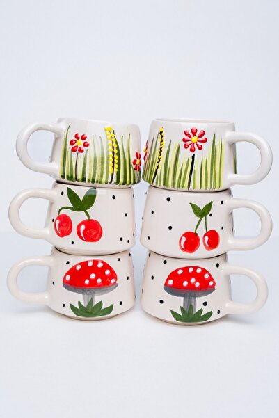 touchmughm Handmade Ceramic Set of 6 Coffee Cups, Double Mugs, Ceramic Red Themes Coffee Cup, Mug