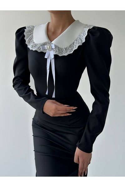 Julidress Λευκό βολάν με γιακά μωρό με κορδέλα με λεπτομέρεια μακρυμάνικο premium φόρεμα