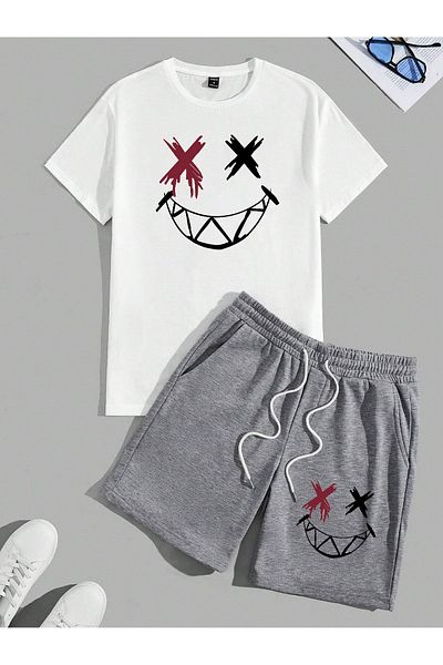 donamod Ανδρικό σετ μπλουζάκι και σορτς με στάμπα Beast Fashion Oversize 2 τεμαχίων - Smiley Face X-Eyes