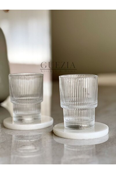 GUEZIA Origami Çizgi Desen Cam Bardak 190 ml | Kahve Sunum Bardağı | 2 ADET