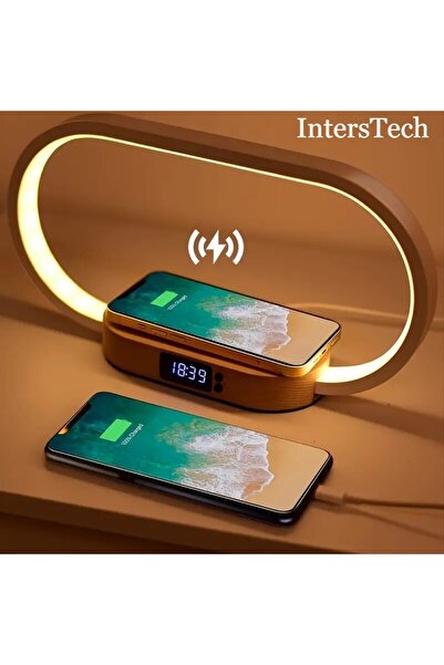 IntersTech Çok Fonksiyonlu Kablosuz Şarj Standı Saat Led Masa Lambası Usb Portu Hızlı Şarj Istasyonu