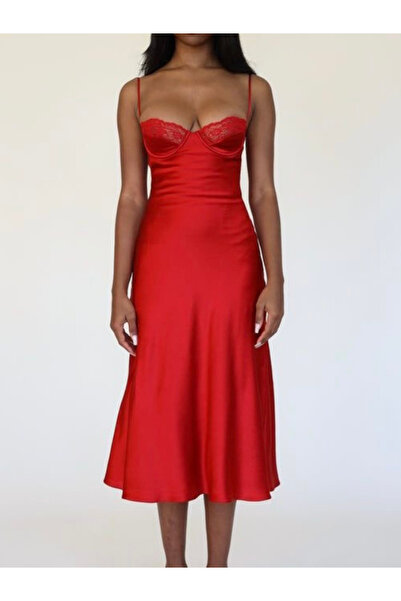 AyBer Textile Red Satin Midi Gecelik