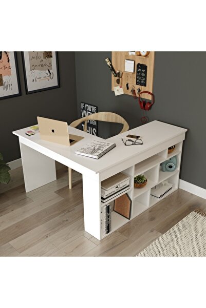 Robin Home Kitaplık Raflı Çalışma Masası L Masa Ofis Masası Beyaz