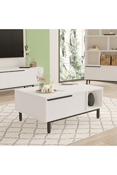 Robin Home Lidya Orta Sehpa Metal Ayaklı Kapaklı Beyaz