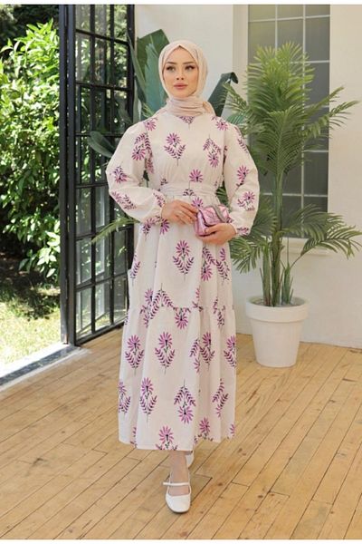 zefusestore Simple Hijab Dress with White Flower Motif and Belted