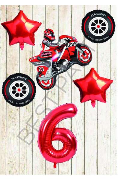 BEST PARTİ DOĞUM GÜNÜ PARTİ SÜSLERİ مجموعة إطارات الدراجات النارية والسباق لعمر 6 سنوات - بالون أحمر من رقائق النجوم