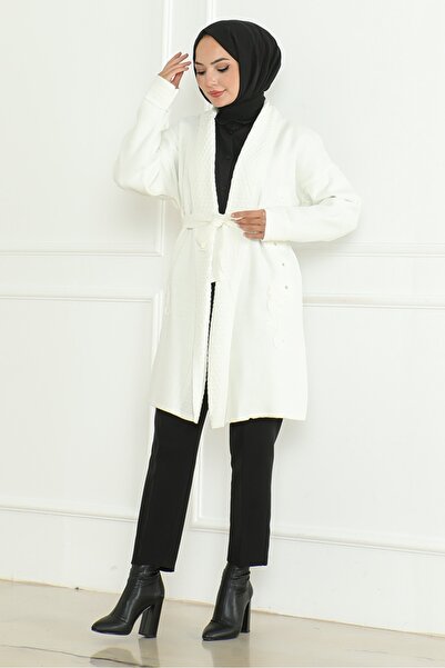 Bestenur Ecru Knitwear Cardigan 1192 - Buğlem Embroidered