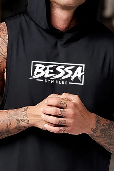 BESSA Men's Sportsman T-Shirt - Printed, Black, Hooded, Cotton, Undershirt, Sleeveless