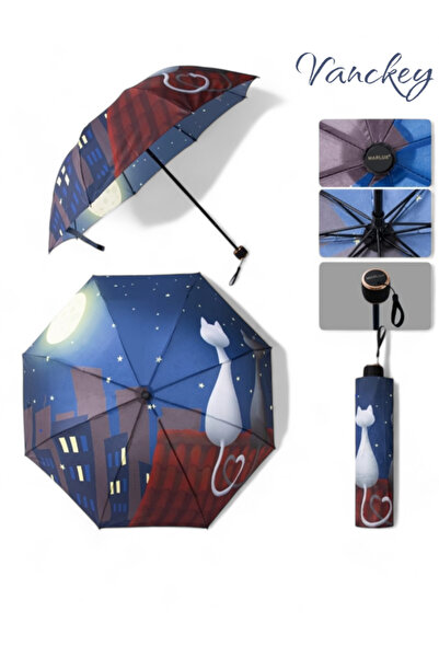 VANCKEY Üç Boyutlu Renkli Kedi Desenli 8 Telli Manuel Rüzgara Dayanıklı Şemsiye