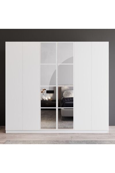 Robin Home 6 Kapaklı Çekmeceli Aynalı Gardırop Elbise Dolabı Beyaz