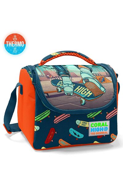 Coral High Kids Indigo Neon Orange Skateboard Patterned Thermo Lunch Box and Pen Holder Set