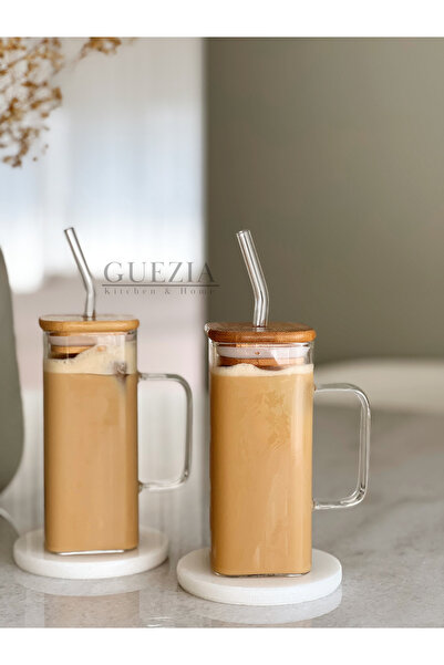 GUEZIA Ahşap Kapaklı Pipetli Dikdörtgen Cam Bardak | 2 ADET