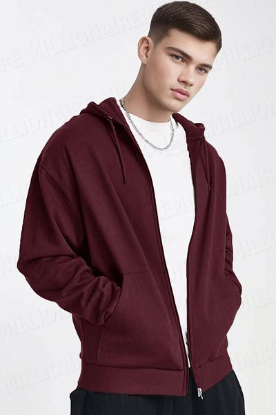 Millionaire Ανδρικό φούτερ Claret Red Oversize Fleece - με κουκούλα, με φερμουάρ, 3 κλωστές