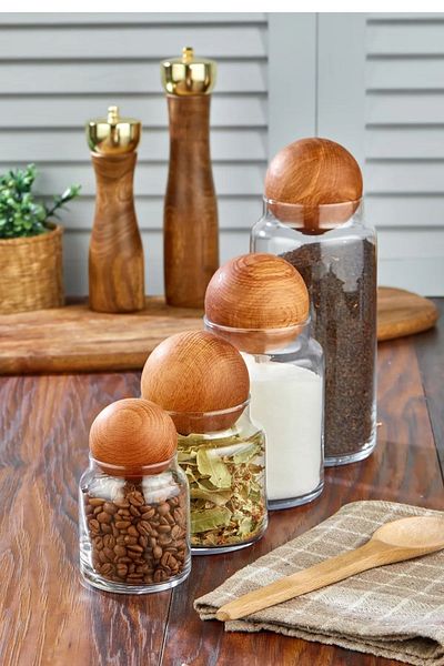ŞAKİLATA CONCEPT 4-Piece Glass Jar Set with Wooden Ball Lid Spice Bowl and Storage Container 1300-800-500-300 Ml
