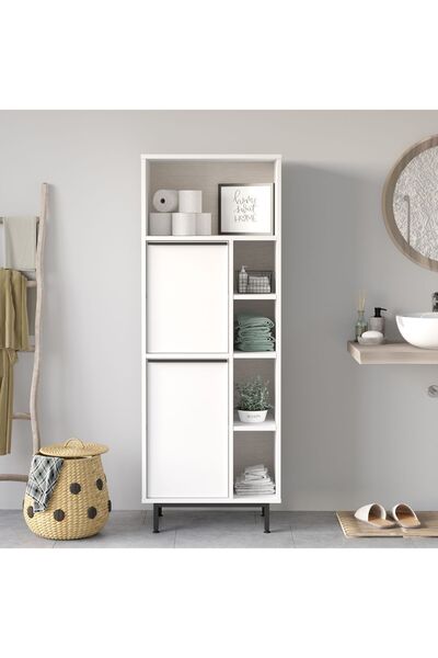 Robin Home Lidya Banyo Dolabı Çok Amaçlı Dolap 2 Kapaklı Metal Ayaklı Beyaz