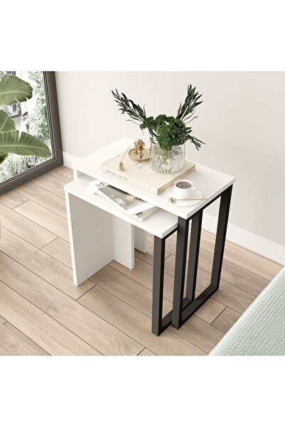 Robin Home Lidya 2'Li Zigon Sehpa Yan Sehpa Metal Ayaklı Beyaz