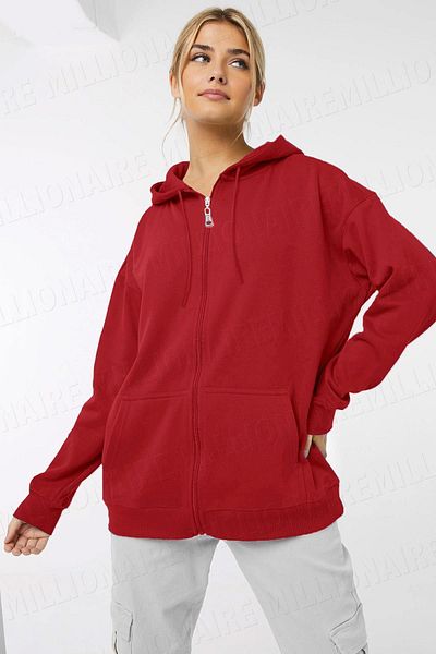 Millionaire Red Women's Fleece Kangaroo Oversize Sweatshirt - Hooded, Zippered, 3 Thread Loose Zip up Hoodie