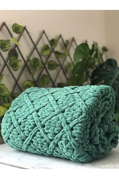 Missworble Puffy Hand Knitted Fireplace and TV Blanket Diamond Patterned Green 90 X 165 Cm