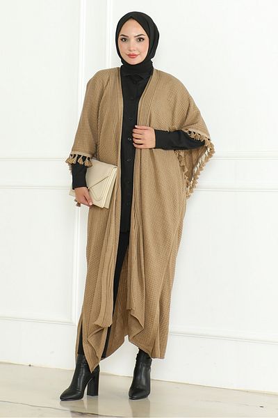 Bestenur Πλεκτό Poncho Oversize Mink - Balca 1195