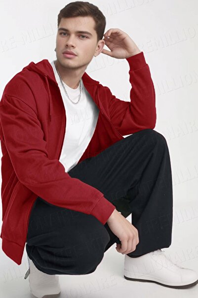 Millionaire Erkek Kırmzı Kapüşonlu Fermuarlı 3 Üç İplik Polar Kanguru Oversize Sweatshirt Zip Up Hoodie