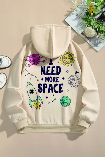 MYADA سويت شيرت بقلنسوة كبير الحجم مطبوع عليه صاروخ من Space - صوف، مطبوع على...